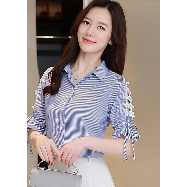 Áo Sơ Mi Nữ Sọc Tay Phối Ren Nơ NT3252N