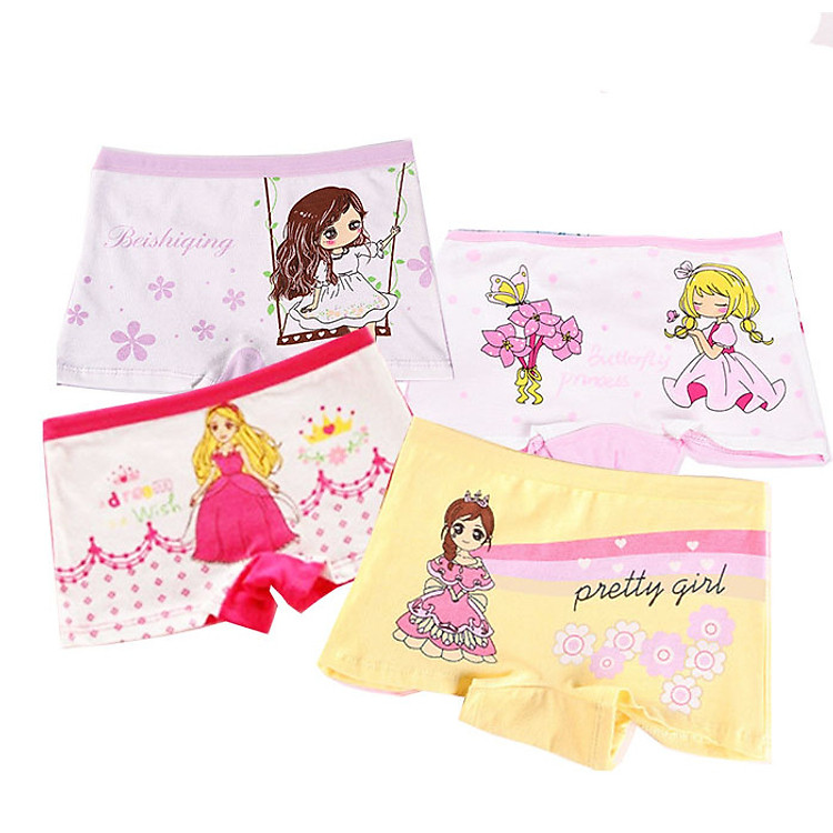 Bộ 4 quần chip đùi cho bé gái, vải cotton, 4 quần hình ảnh bé gái, công chúa khác nhau.