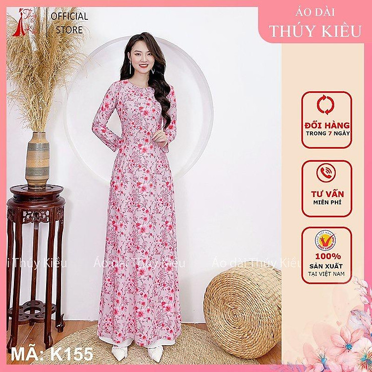 Áo dài tết nữ may sẵn thiết kế đẹp truyền thống cách tân nền ghi hoa đào K155 mềm mại, co giãn, áo dài giá rẻ