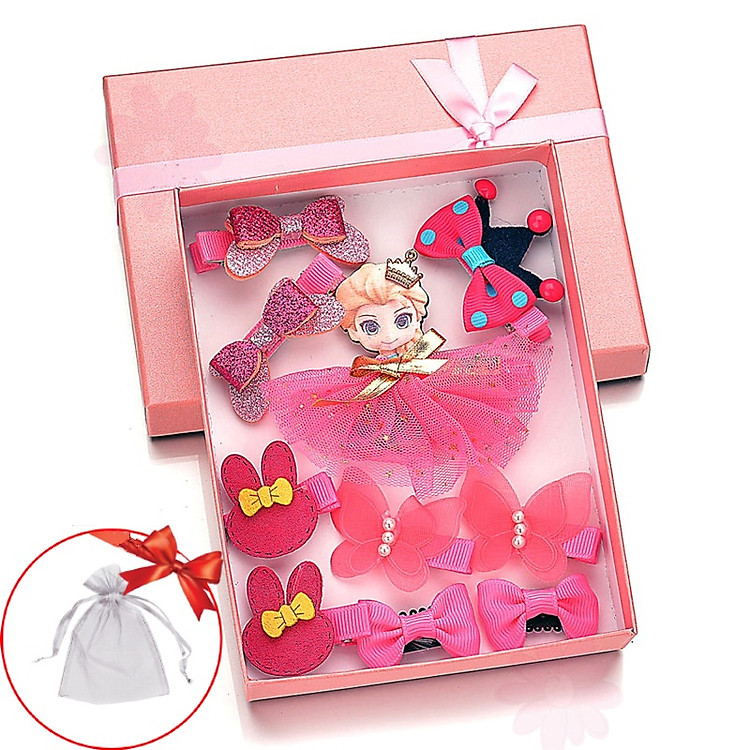 Hộp quà tặng 10 món cột tóc, kẹp tóc công chúa dễ thương cho bé gái làm quà sinh nhật - Tặng túi voan dây rút