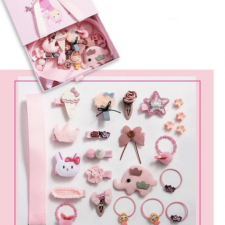 Hộp kẹp tóc, cột tóc cho bé gái từ 2 đến 10 tuổi, phong cách Hàn Quốc, kèm túi có quai sách, màu hồng, nhiều chi tiết.