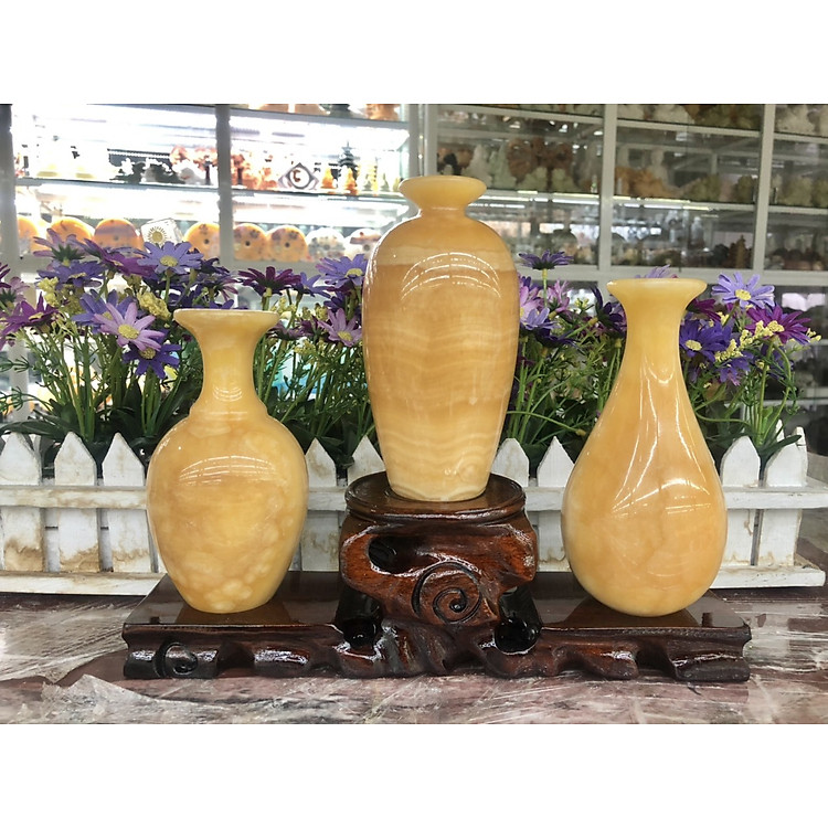 Bộ 3 bình phong thuỷ ( 1 lục bình, 1 mai bình, 1 hút lộc ) đá ngọc hoàng long đá ngọc hoàng long - Cao 14 cm