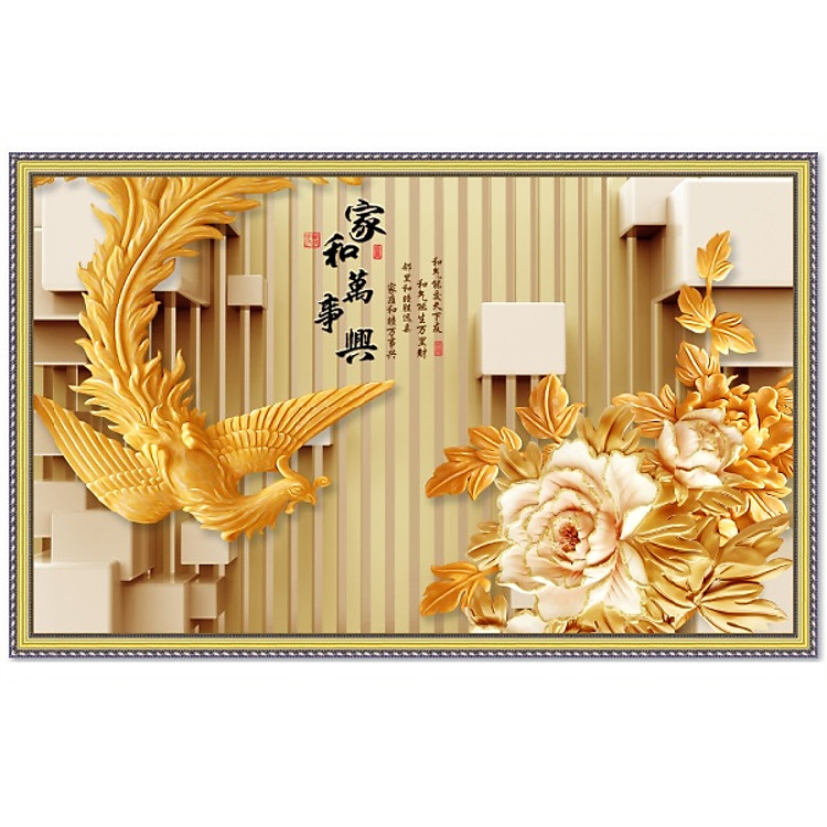 Tranh dán tường chim Phượng Hoàng bên hoa mẫu đơn Lunawall-0094K2