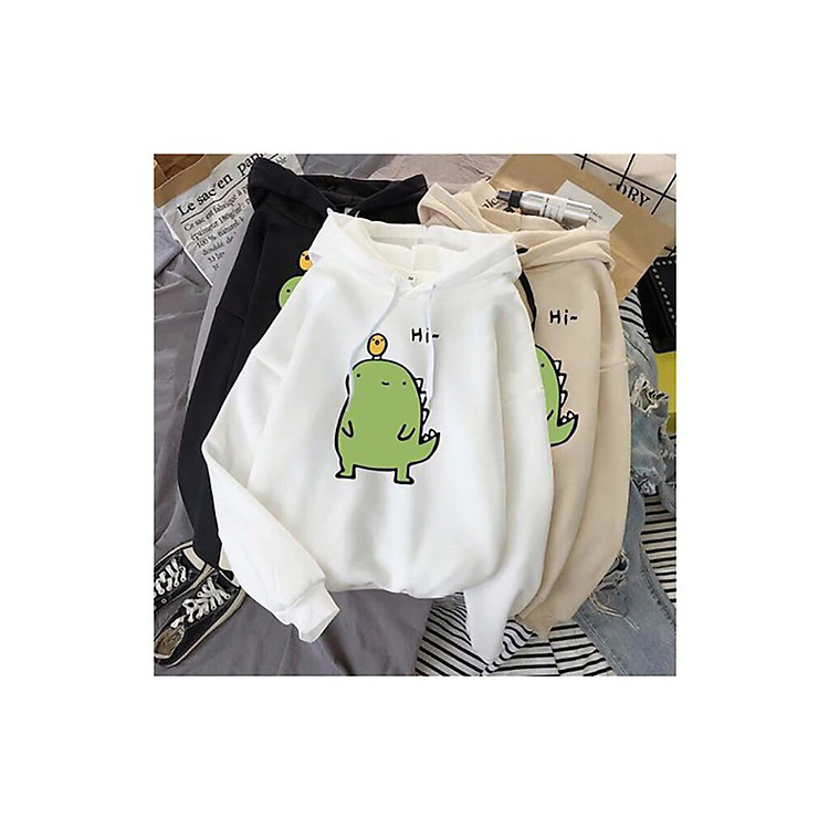 Áo Hoodie Nam Nữ Có Mũ In Hình Khủng Long Chất Liệu Nỉ Bông Cao Cấp -Trắng