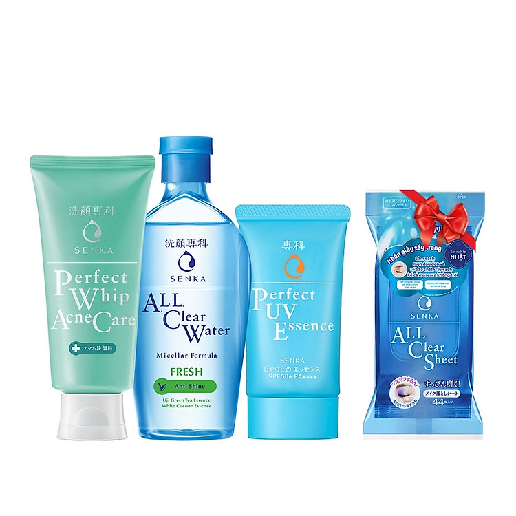 Bộ sản phẩm Senka làm sạch và chống nắng dành cho da mụn (Senka A.L.L.Clear Water Fresh 230ml + SRM Acne Care 100g + Senka Perfect UV Essence 50g) - Tặng Khăn giấy tẩy trang Senka 44 miếng