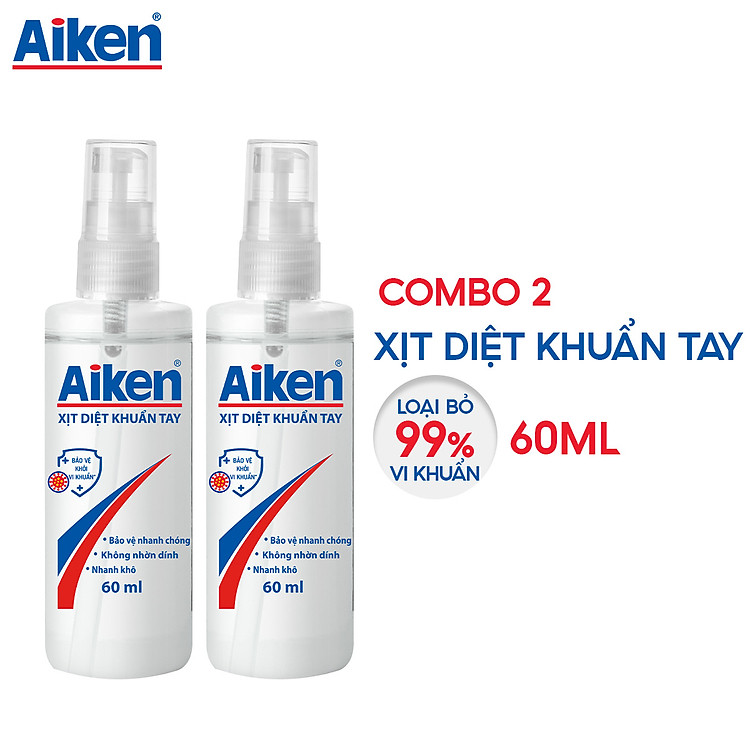 Combo 2 Xịt diệt khuẩn tay Aiken 60ml