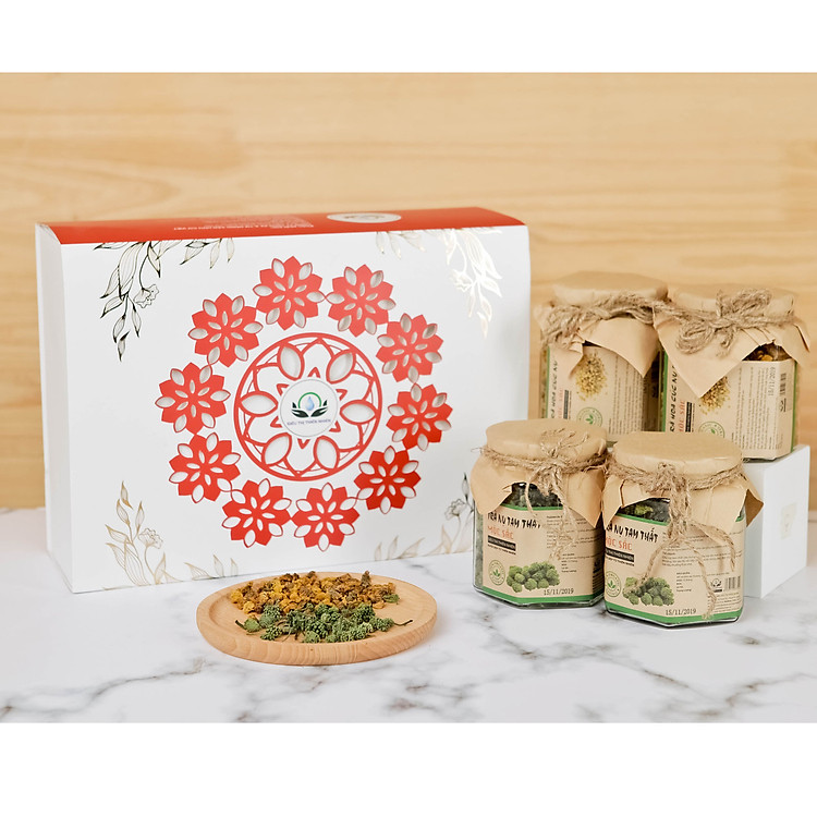 Hộp quà tặng trà hoa cao cấp - Set 19: 2 cúc vàng nhỏ, 2 nụ tam thất