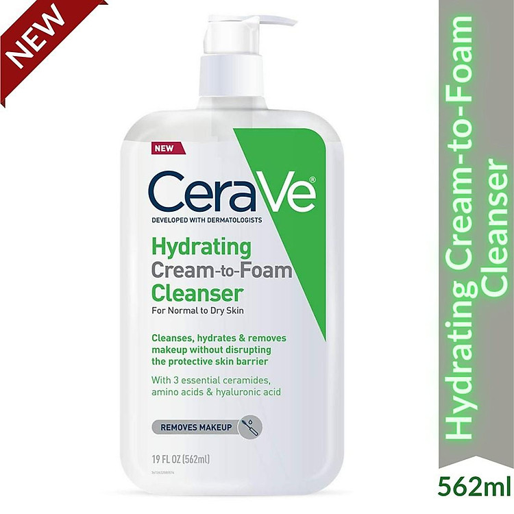 Sữa Rửa Mặt Tẩy Trang Cerave Hydrating Cream to Foam Cleanser cho da khô, loại bỏ makeup