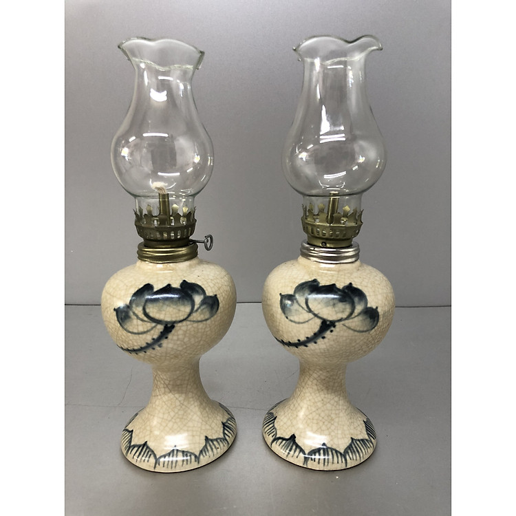 Combo 2 Đèn thờ đốt dầu men rạn vẽ hoa sen - BH14