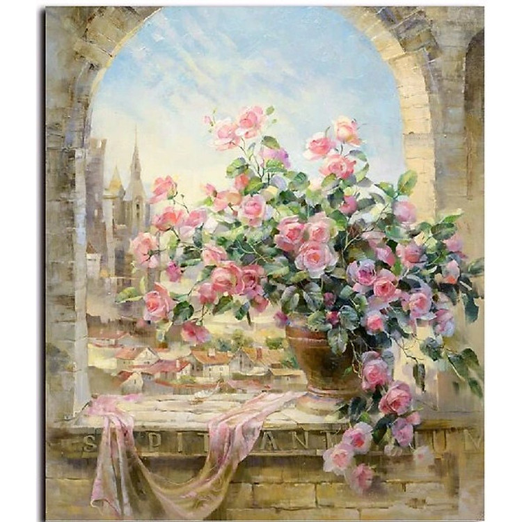 Tranh tô màu sơn dầu theo số Bình Hoa Bên Cửa Sổ 69