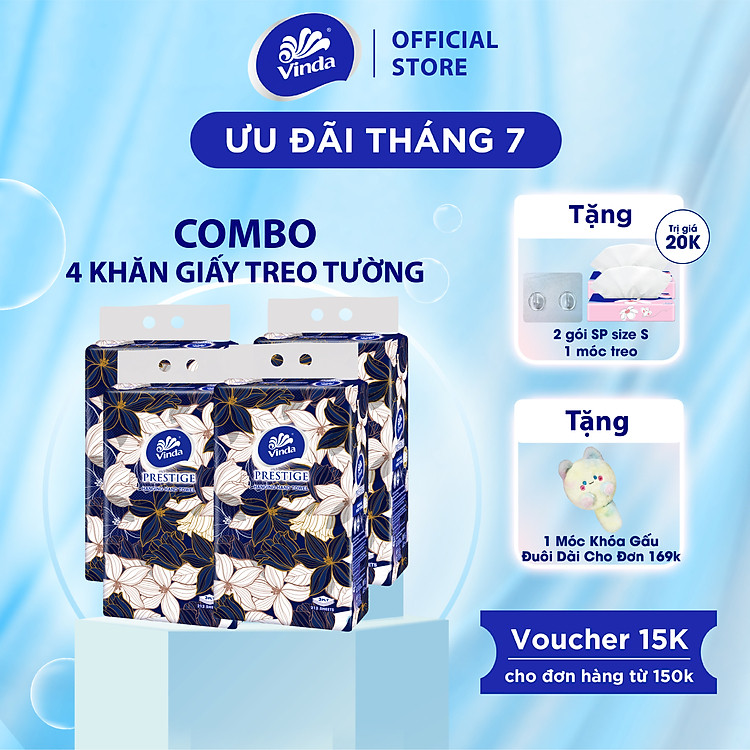 [MUA 4 GÓI KHĂN TREO TƯỜNG TẶNG 2 GÓI KHĂN RÚT SIZE S] Khăn giấy treo tường cao cấp Vinda Prestige 4D 3 lớp 212 tờ