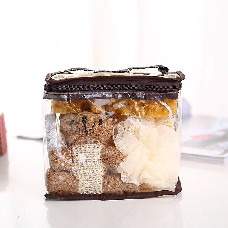 Set bông tắm hình gấu ( bao gồm bông tắm, túi đựng, bọt biển và chú gấu, đá kì)
