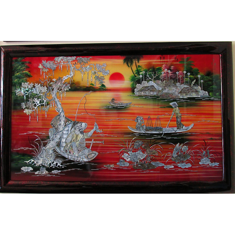 Tranh Sơn Mài - Ngư ông câu cá - Cẩn Ốc Đẹp - Tài Lộc - May Mắn - Tân Gia - Khai Trương, kích thước 70x110 cm