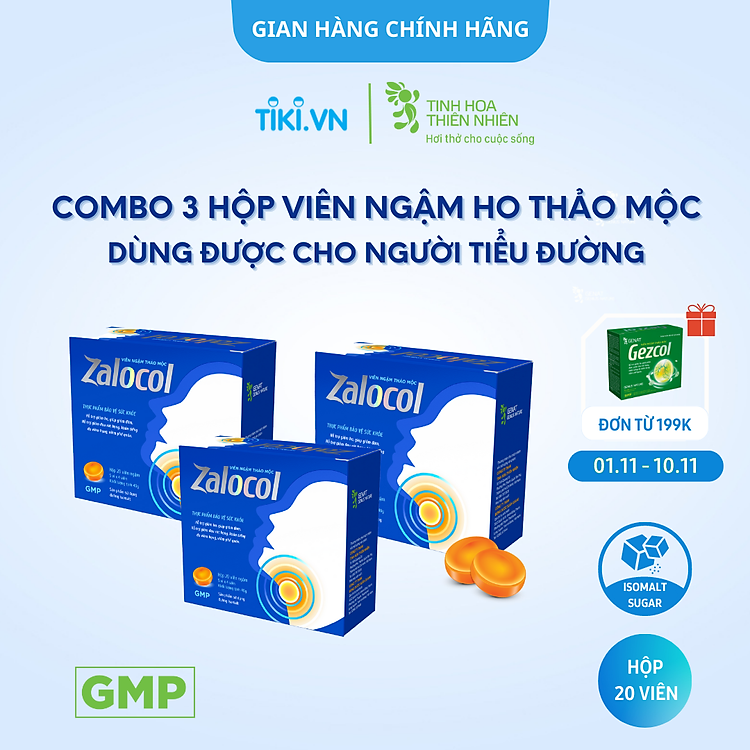 Combo 3 hộp viên ngậm Ho thảo mộc Zalocol Hỗ trợ giảm đờm, giảm đau rát họng, khản tiếng (Hộp 20 viên) - Genat