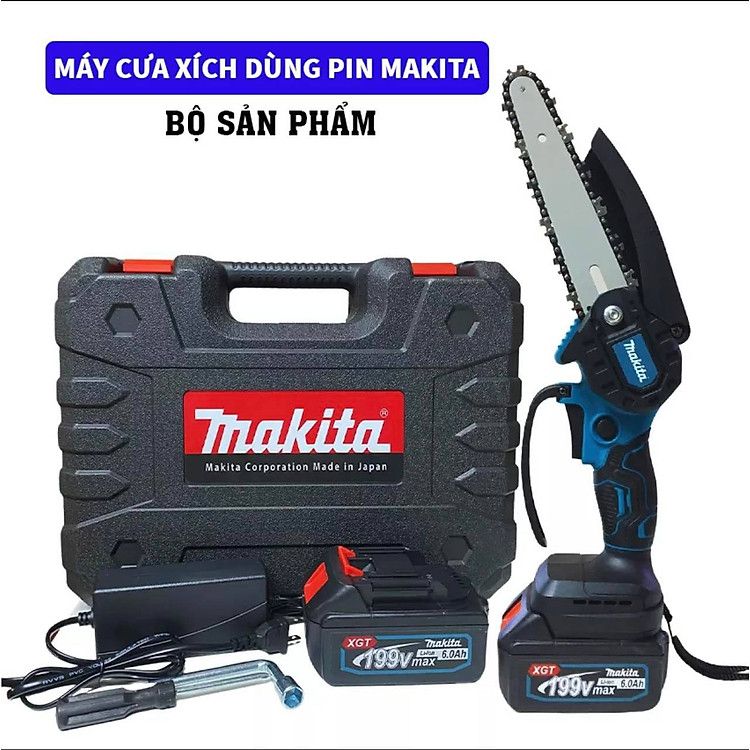 Máy cưa xích cầm tay, máy cưa gỗ mini dùng pin MKT 199V pin 10cell cắt gỗ tỉa cành