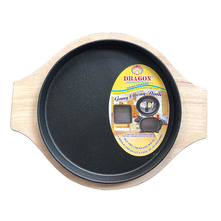 Chảo Gang Tròn Làm Bánh Mì Chảo , Bò Beefsteak , Cơm Xèo Đa Năng Size 20cm (Có Kèm Đế Lót Gỗ Tiện Lợi) Thương Hiệu Vạn Lợi Dragon