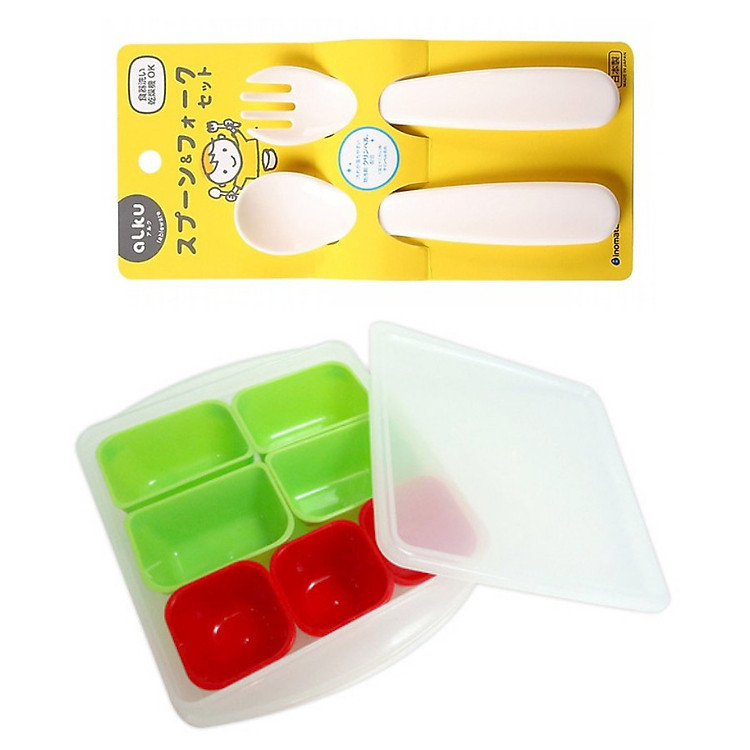 Combo khay ăn dặm 7 ngăn & thìa nĩa Nhật Chính hãng Giá rẻ