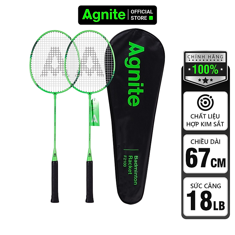Cặp vợt cầu lông siêu nhẹ cán liền quấn dây cao su Agnite - Khung carbon cao cấp - 2 chiếc - Màu xanh neon - Kèm bao đựng - Hàng chính hãng - F2100