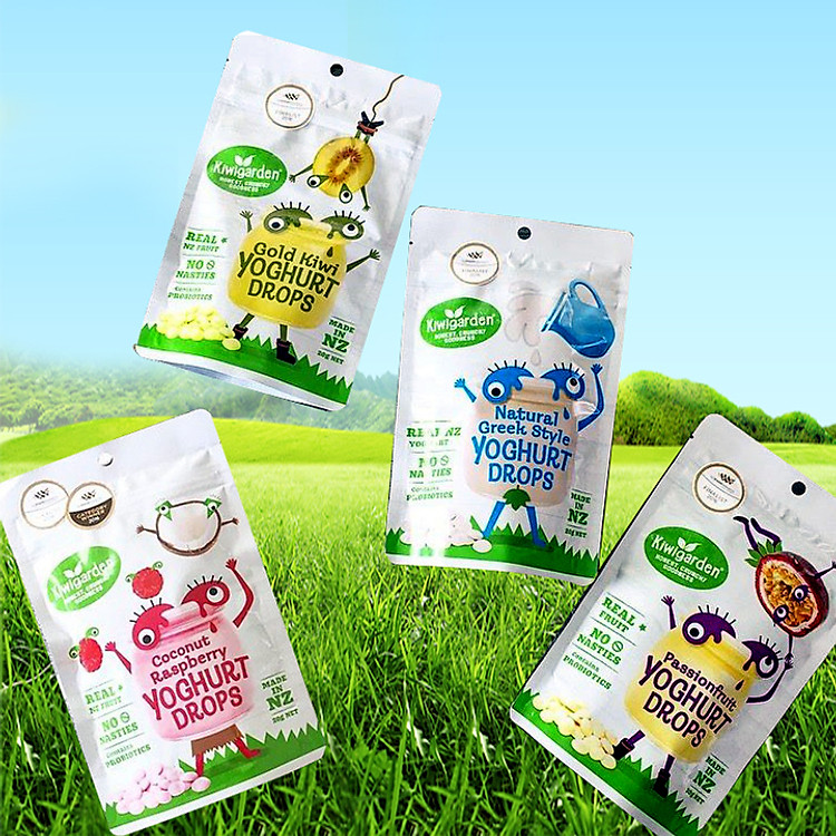 Combo 4 gói/4 vị Sữa chua khô Kiwigarden (Kiwi vàng, Chanh leo, kiểu Hy Lạp, vị dừa và Quả mâm xôi