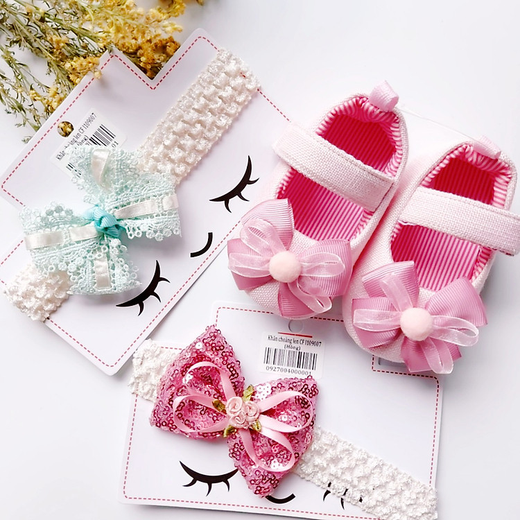 Combo Giày Tập Đi Cho Bé Gái 0 - 15 tháng kèm 2 Băng Đô Xinh Xắn - Màu hồng