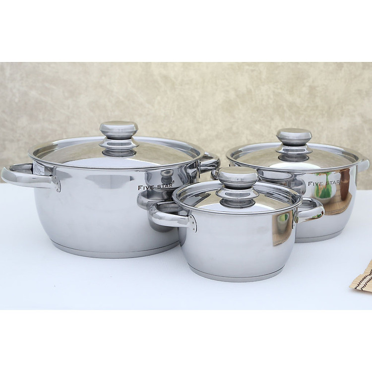 Bộ 3 nồi inox 3 đáy 16, 20, 24 cm Fivestar nắp inox - nắp kính