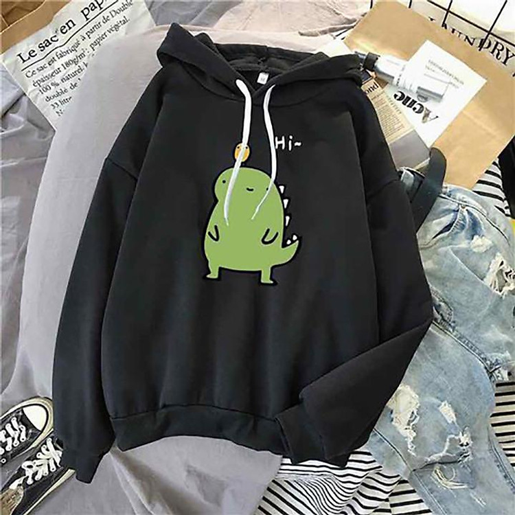 Áo Hoodie Nam Nữ Có Mũ In Hình Khủng Long Chất Liệu Nỉ Bông Cao Cấp -Đen