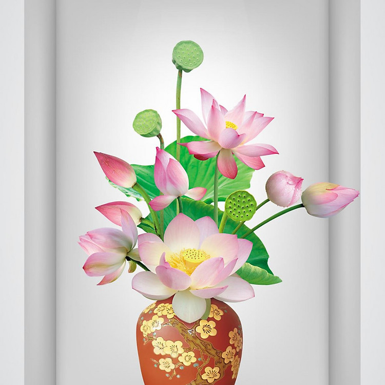 Tranh dán tường ô 3D lọ hoa sen đẹp 005 KT 40 x 60 cm