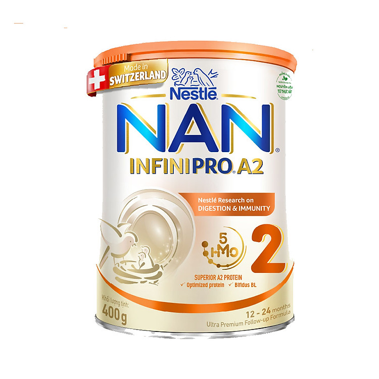 Sữa bột NAN INFINIPRO A2 2 với công thức đầu tiên kết hợp giữa đạm quý A2 & 6HMO & Dual Probiotics nhập khẩu Thụy Sĩ - Hộp 400g cho bé 12 - 24 tháng