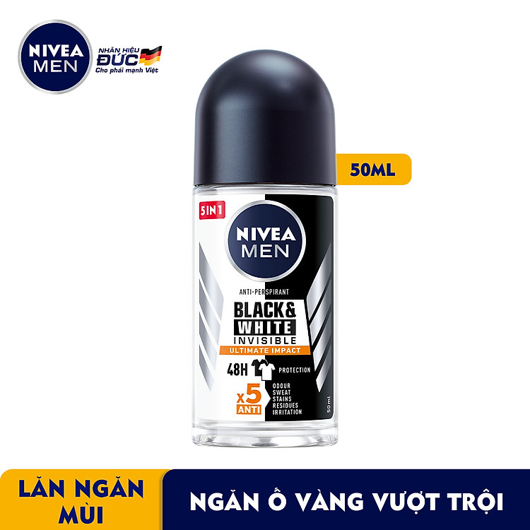 Lăn Ngăn Mùi NIVEA MEN Black&White Ngăn Vệt Ố Vàng Vượt Trội - Hương Mạnh Mẽ (50 ml) - 85392