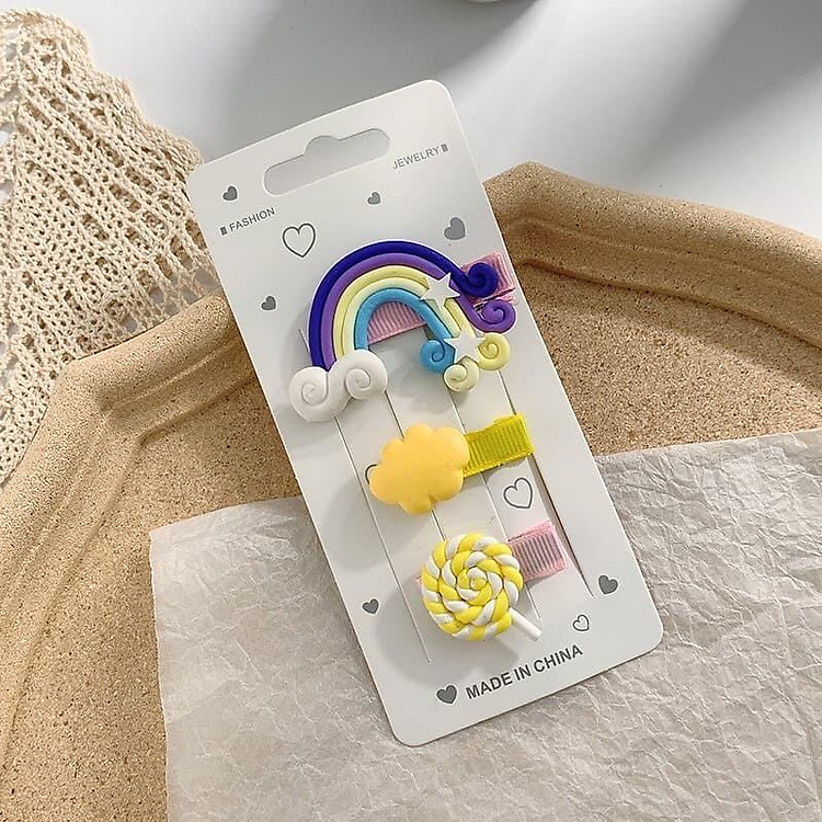 Sét 3 kẹp tóc cầu vồng kẹo mút