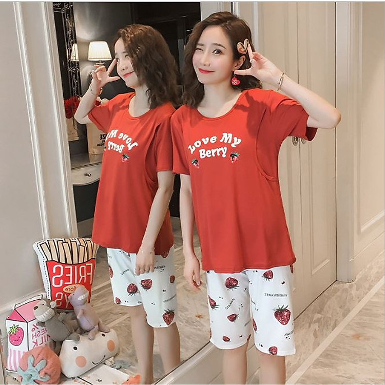 Bộ đồ mặc bầu và sau sinh cho bé bú hình dâu mã BN518