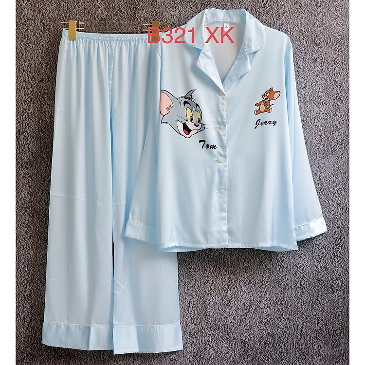Đầm ngủ pijama lụa cao cấp quần dài tay dài họa tiết hoạt hình