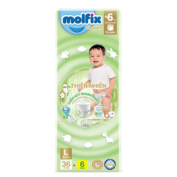 Tã/bỉm quần Molfix Thiên nhiên Jumbo L (9kg - 13kg) - Gói 36+6 miếng