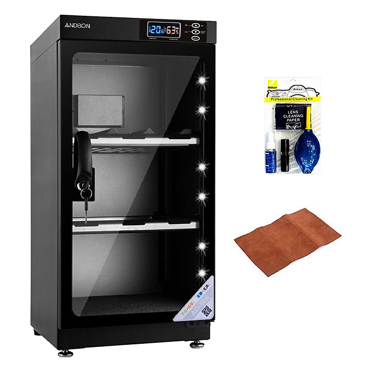 Combo Tủ Chống Ẩm Andbon AD-50S (50 Lít) + Bộ Vệ Sinh Máy Ảnh 8 in 1 + Tặng Khăn Lau Len (Da Thật) - Hàng Nhập Khẩu