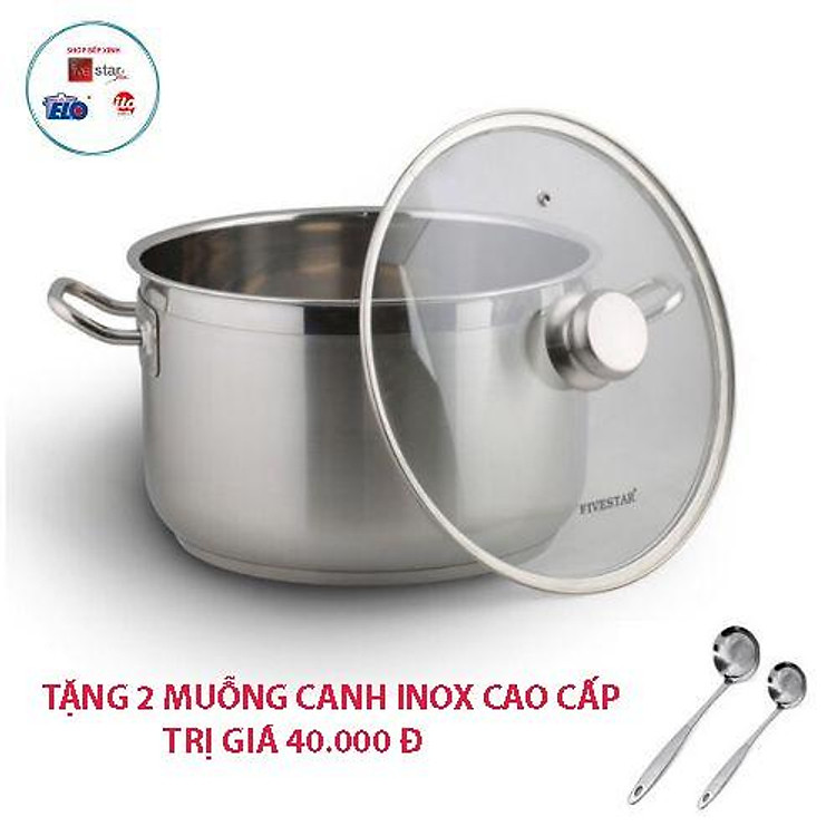 Nồi luộc gà FiveStar inox 430 nắp kính, tặng 2 muỗng canh (26cm / 28cm / 30cm / 32cm), 3 đáy dùng bếp từ, hồng ngoại, gas
