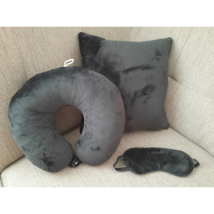 Combo gối tựa lưng - gối ngủ trưa chữ u văn phòng tặng che mắt - đen