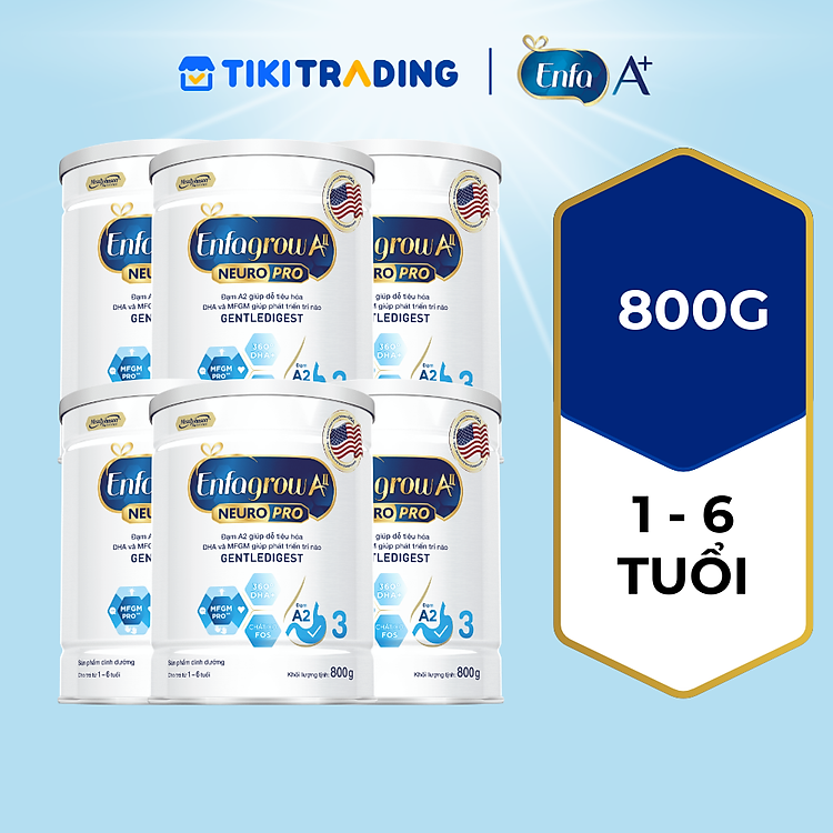 Bộ 6 lon sữa bột Enfagrow A2 Neuropro 3 giúp dễ tiêu hóa, hấp thu cho trẻ từ 1-6 tuổi - 800g/lon