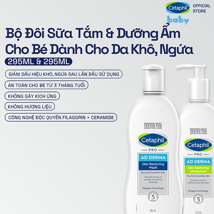 Combo Sữa tắm và kem dưỡng ẩm cho viêm da cơ địa Cetaphil Pro AD Derma Wash 295ml + Cetaphil Pro AD Derma Moisturizer 295ml