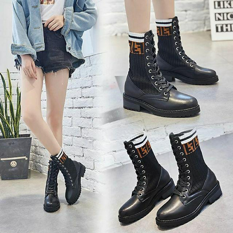 Boot Cao Cổ Nữ Da Pha Len Hoạ Tiết Cam Zic Zắc