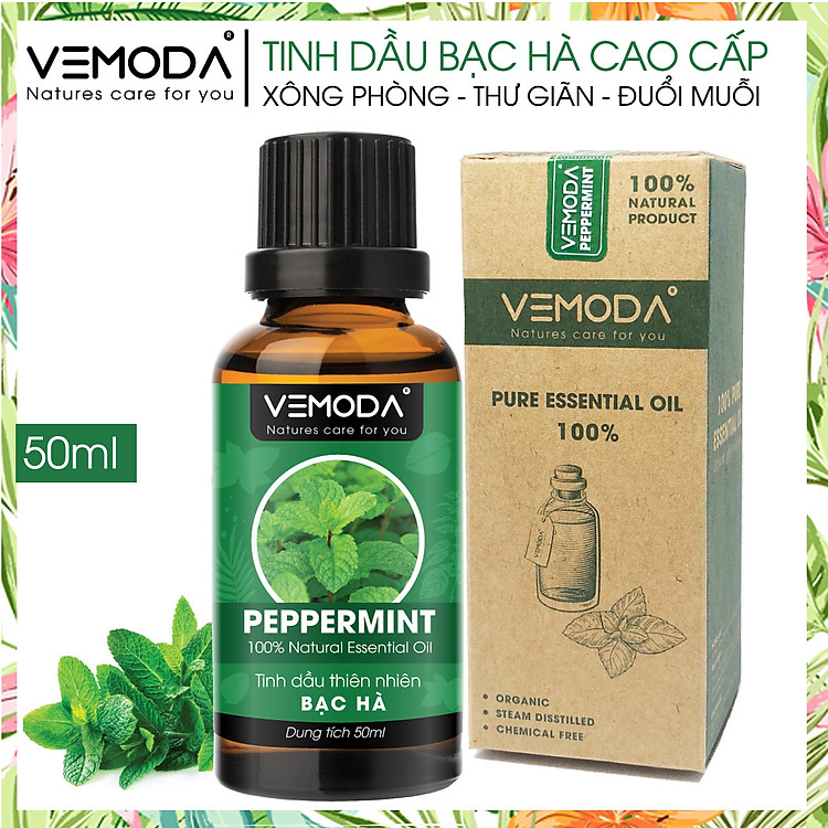 Tinh dầu Bạc hà cao cấp 50ML Peppermint. Tinh dầu xông phòng Vemoda giúp xông phòng, khử mùi, thanh lọc không khí, thư giãn, kháng khuẩn, giải cảm, xua đuổi côn trùng, chăm sóc răng miệng
