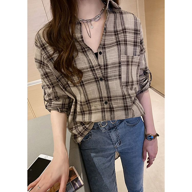 Áo sơ mi nữ form rộng kẻ karo A-LAH01