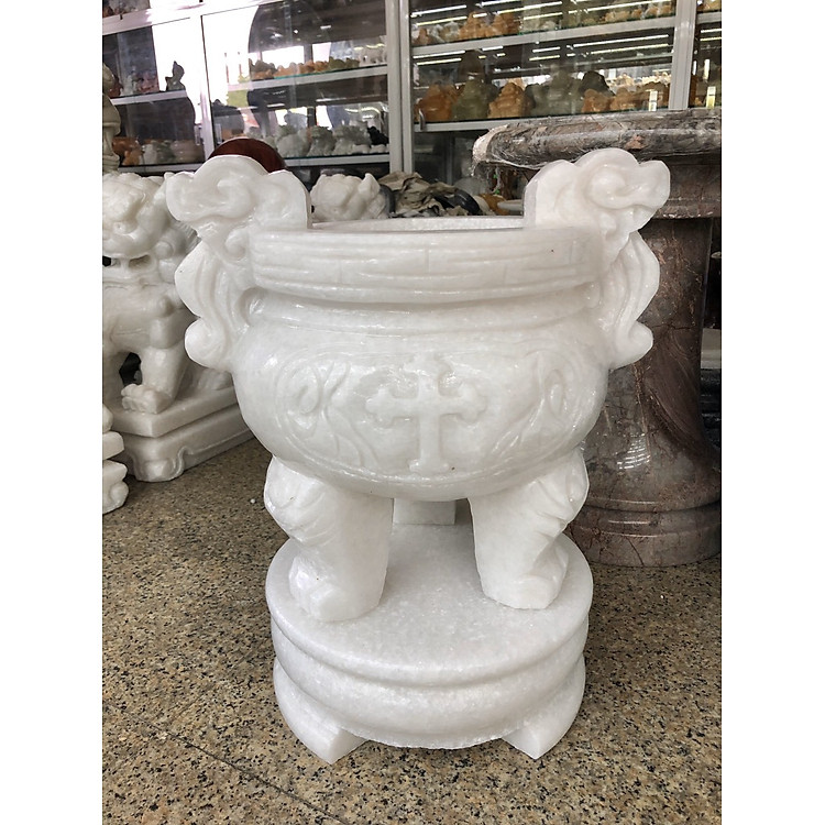 Lư hương, bát hương, bát nhang thờ cúng chạm thánh giá thiên chúa giáo, công giáo đặt bàn thờ, mộ đá cẩm thạch trắng - Cao 40 cm