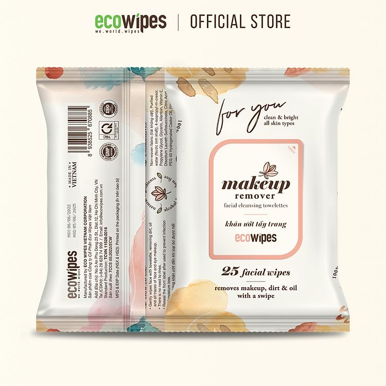 Khăn giấy ướt tẩy trang Makeup Remover Ecowipes gói 25 tờ làm sạch lớp trang điểm nhanh chóng