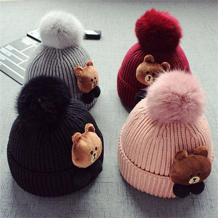 MŨ LEN QUẢ BÔNG KÈM GẤU CUTE CHO BÉ