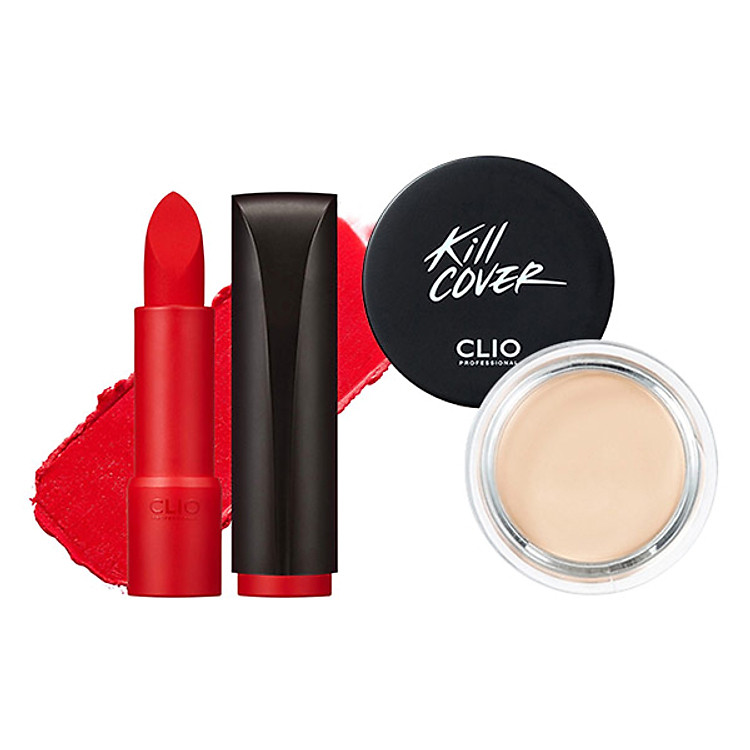 Combo Trang Điểm Clio 02 (Kem Che Khuyết Điểm 03 Linen & Son Thỏi Clio Rouge Heel Velvet 003 Muse City)