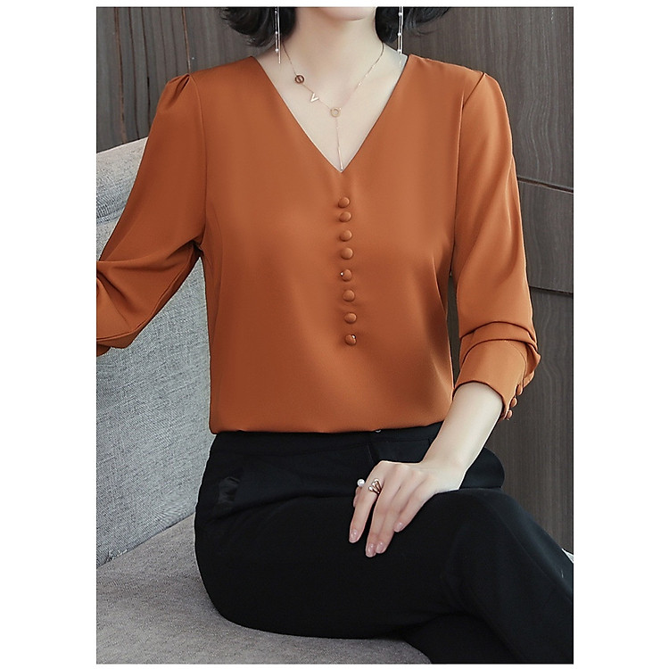 Áo Sơ Mi Nữ Kiểu Cổ Tim Ngực Đính Nút Bọc - mã SSL1229