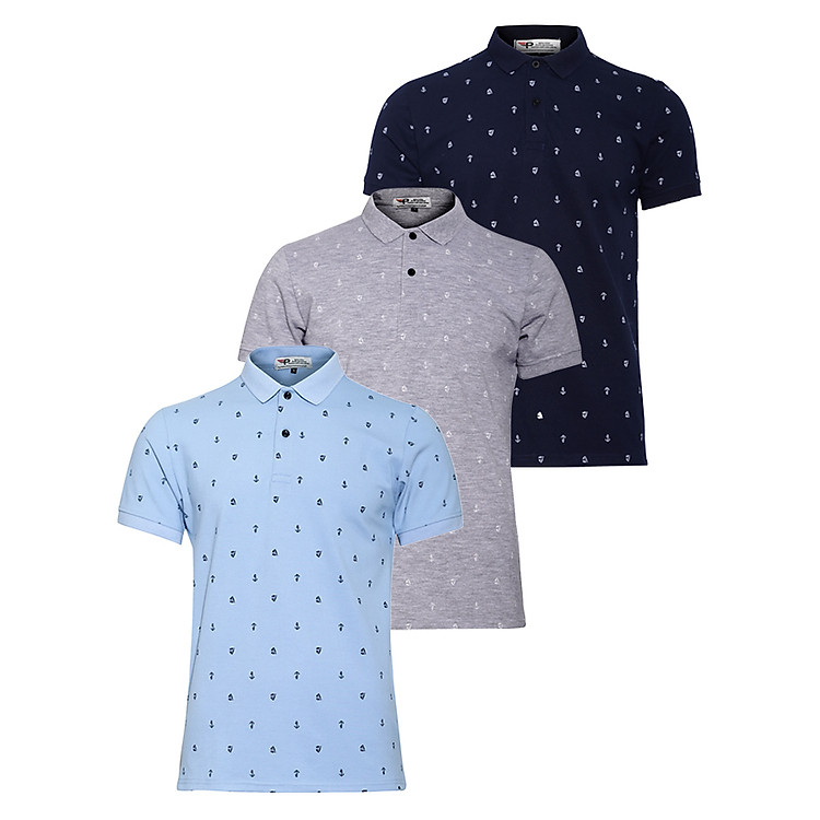 Bộ 3 Áo thun nam Polo hoạ tiết mỏ neo PiGo chuẩn xuất khẩu AHT04 (Biển, xám, xanh đen)