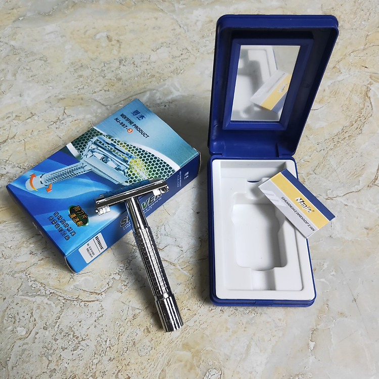 Bàn Cạo Râu Inox NANJIE NJ997 kèm lưỡi Lam không rỉ với chế đọ Xoay cán bàn Full Hộp
