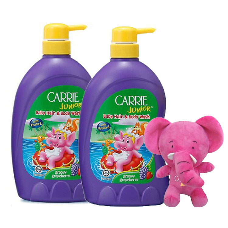 Combo 2 chai tắm gội toàn thân cho trẻ Carrie Junior Hương Grapeberry (700g*2)+ Tặng kèm 1 Voi bông xinh xắn
