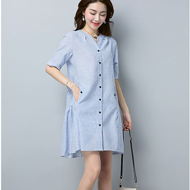 Đầm bầu công sở cổ trụ kẻ sọc 2 túi bên DB05